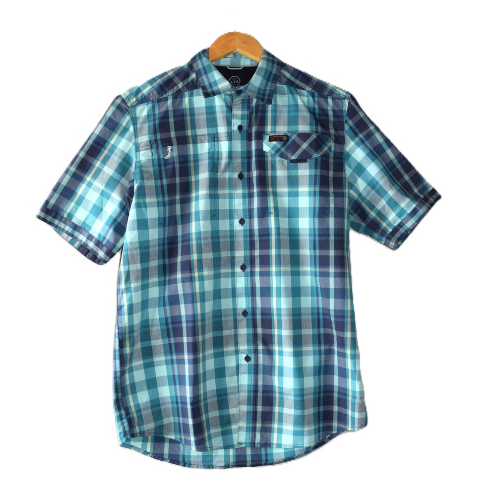 Wrangler ATG Shirt Mens Medium Blue Teal Plaid Excellent Short Sleeve Utility